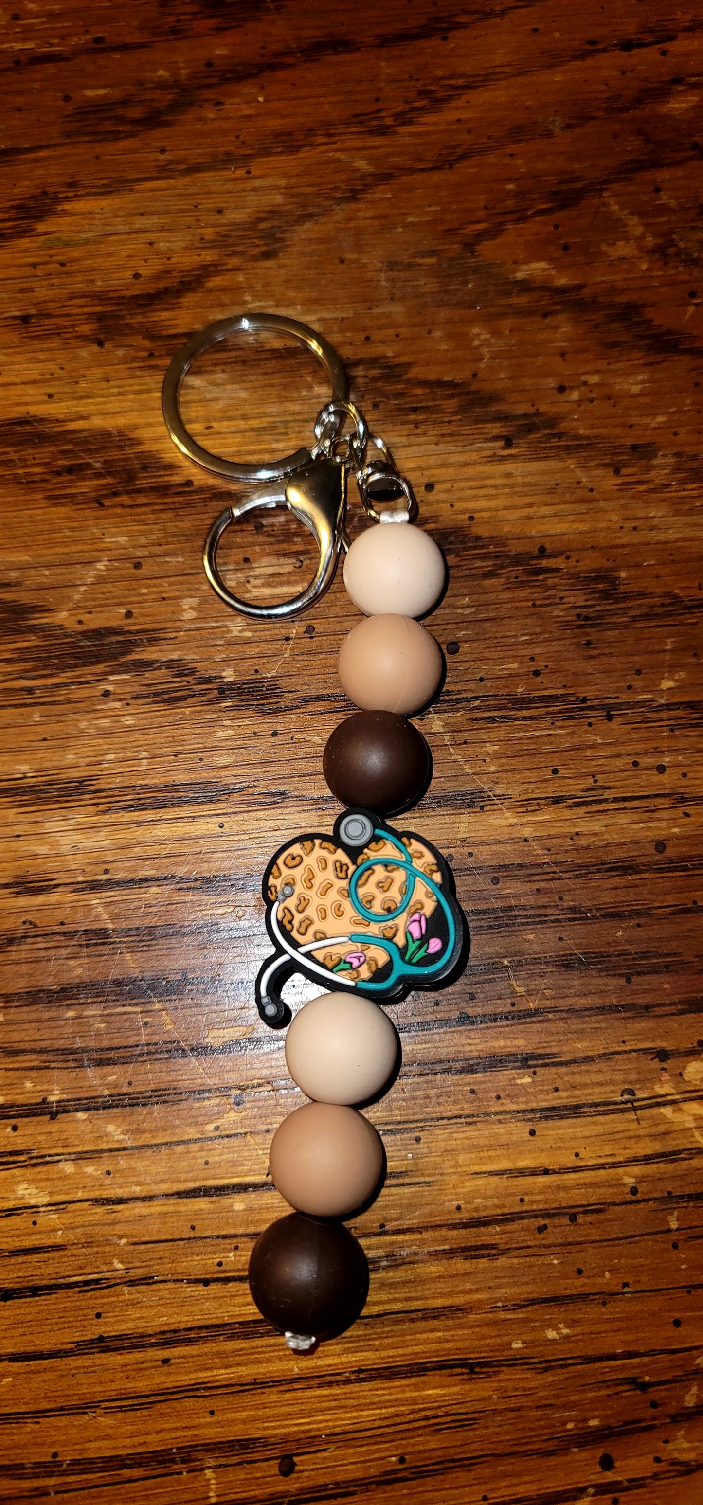 Keychain With Cheetah Heart Stethoscope Focal Bead