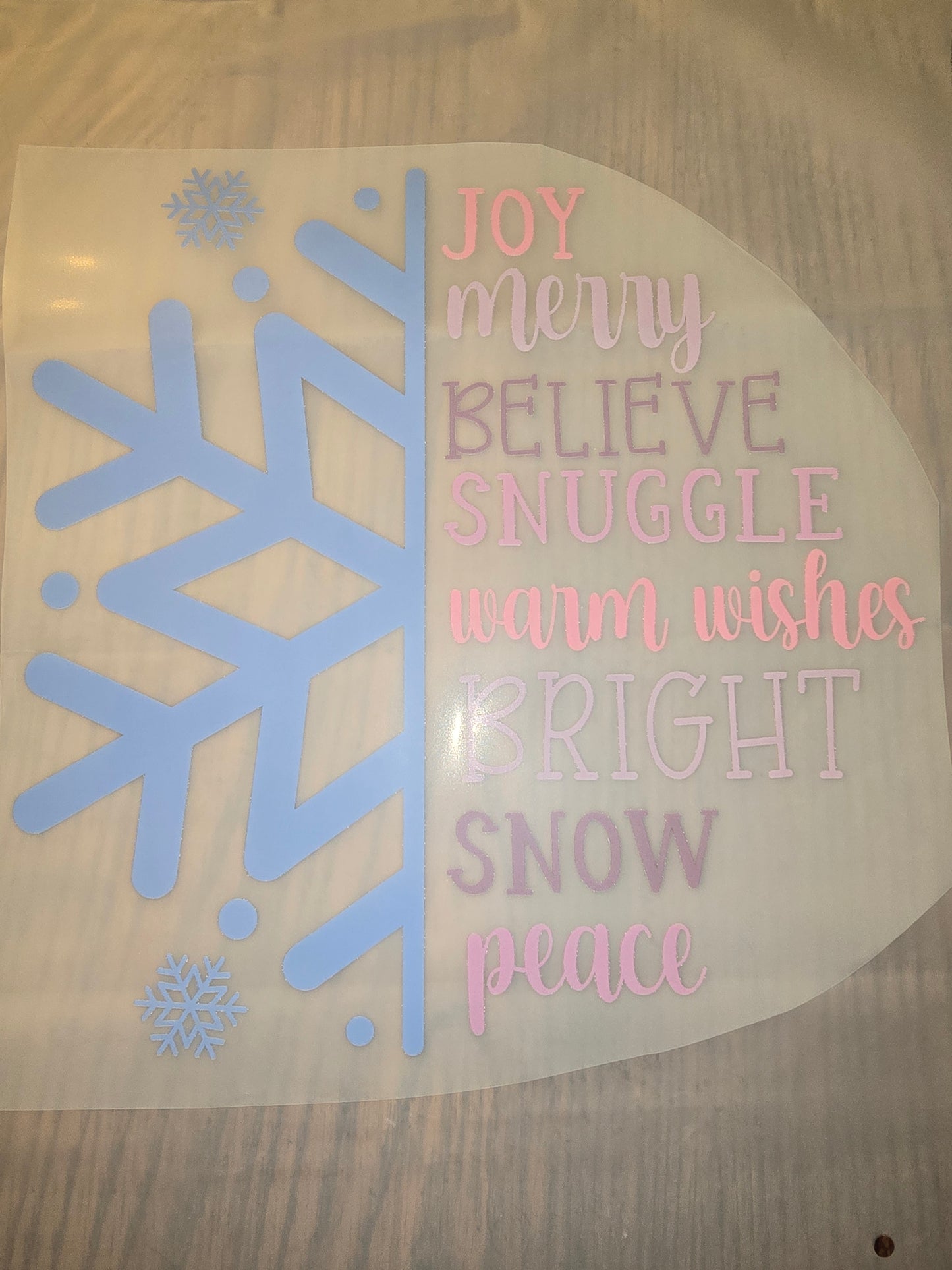 Joy. Merry. Believe. Snuggle. Warm Wishes. Bright. Snow. Peace.