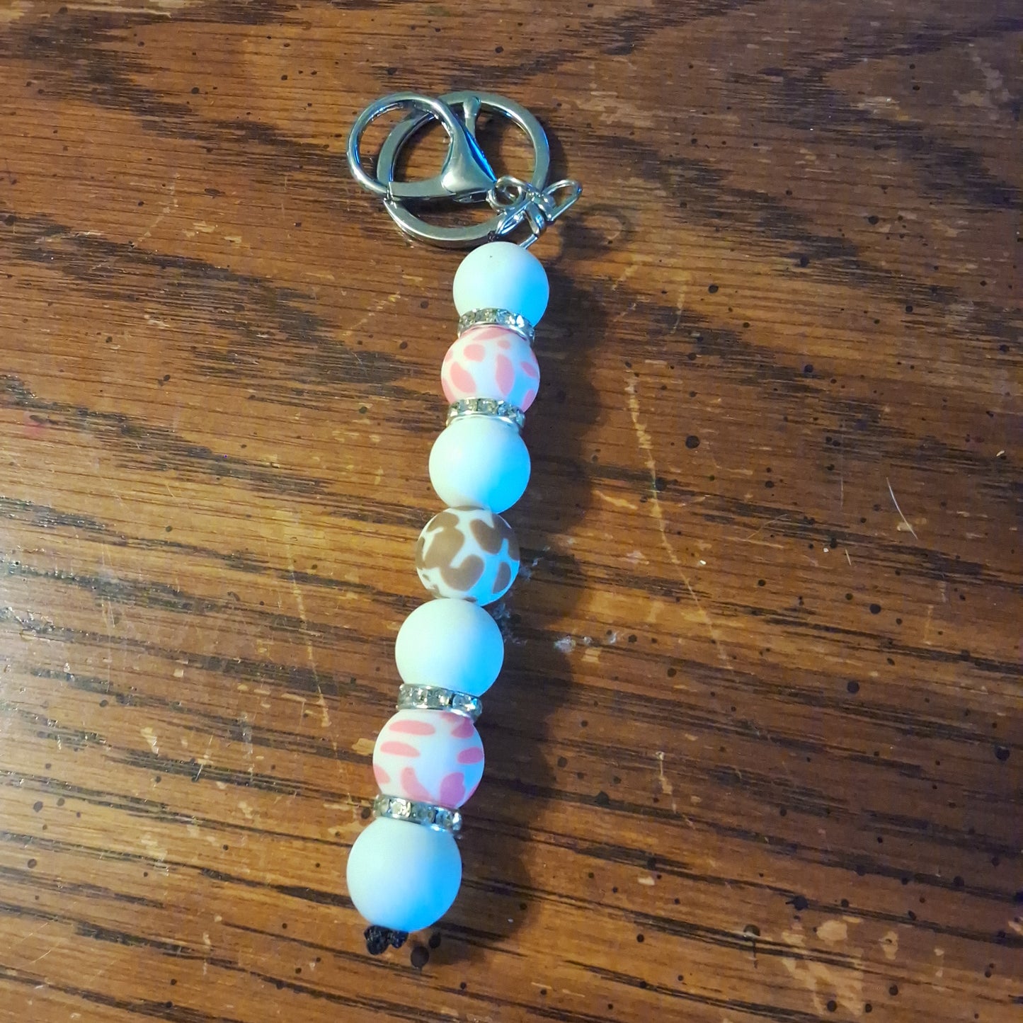 White With Pink and Brown Cow Print Keychain