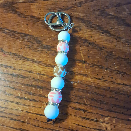 White With Pink and Brown Cow Print Keychain