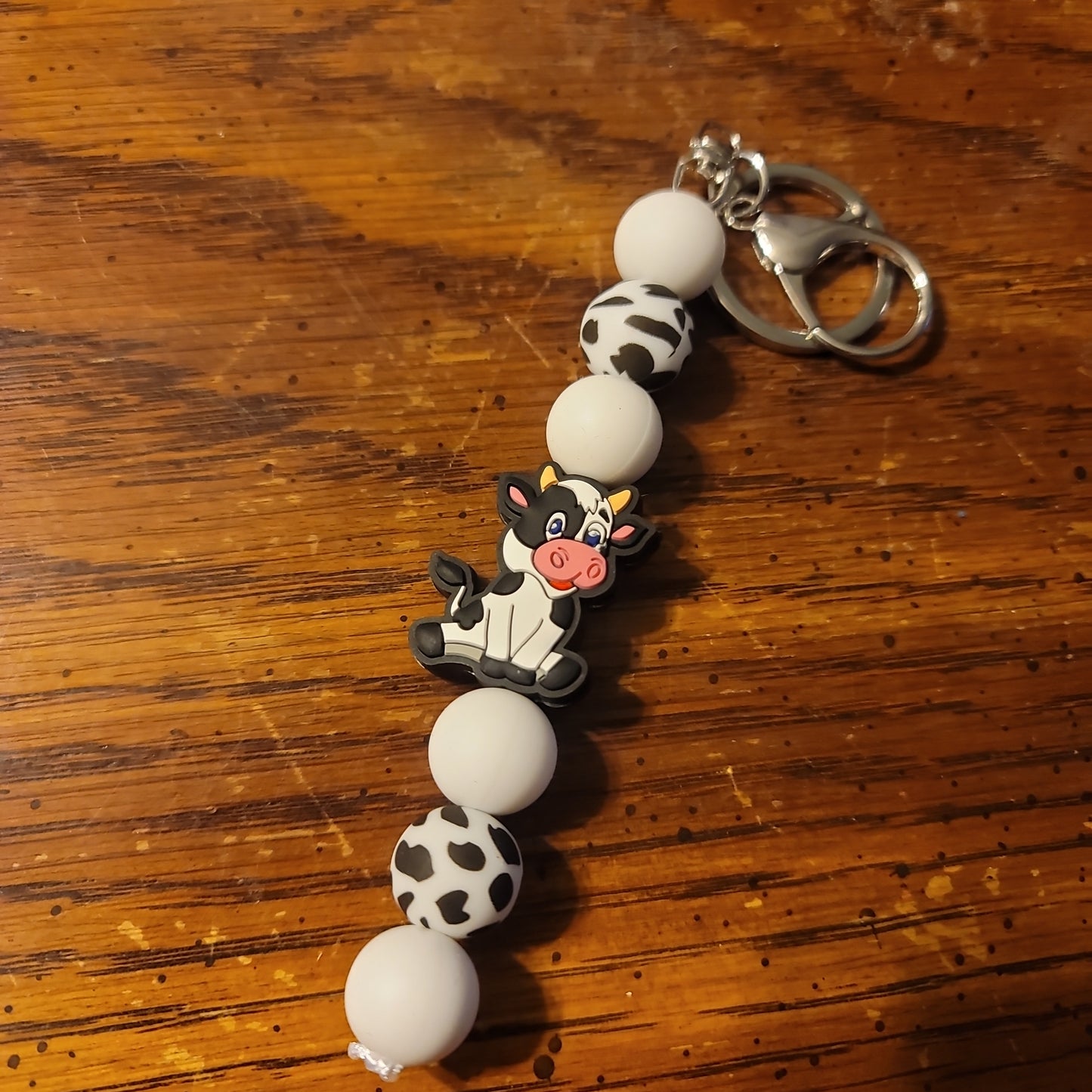 Keychain With White/Black Cow Focal Bead
