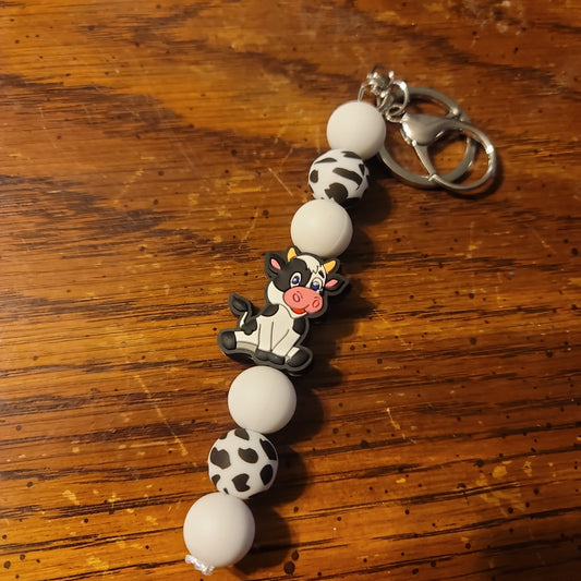 Keychain With White/Black Cow Focal Bead