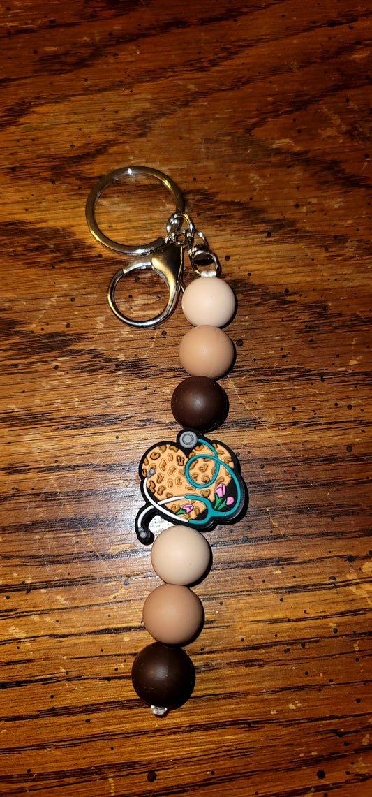 Keychain With Cheetah Heart Stethoscope Focal Bead