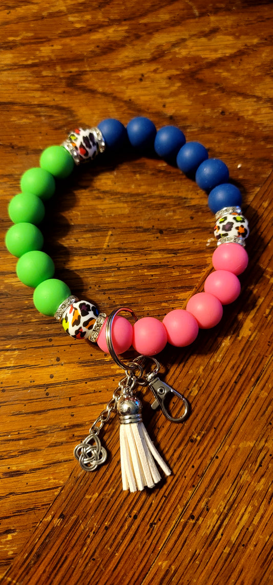 Pink, Blue and Green With Colorful Cheetah and Silver Spacers Wristlet