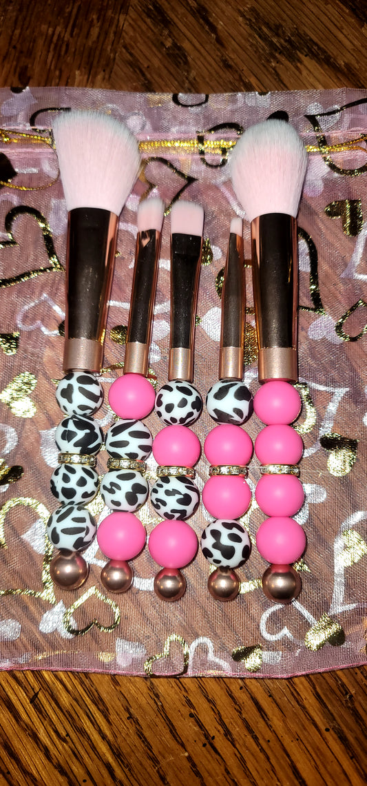 Pink and Cow Print Makeup Brush Set