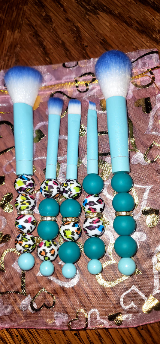 Teal and Colorful Cheetah Makeup Brush Set