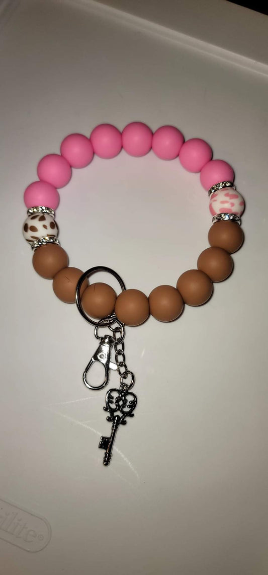 Brown and Pink With Cow Print Wristlet