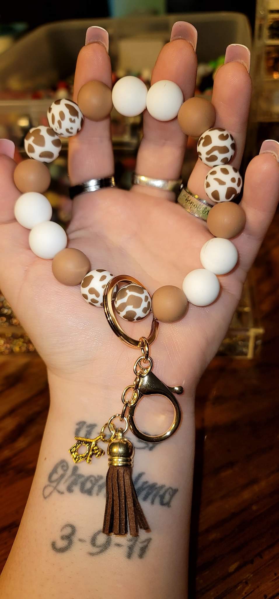 Brown and White With Cow Print Wristlet