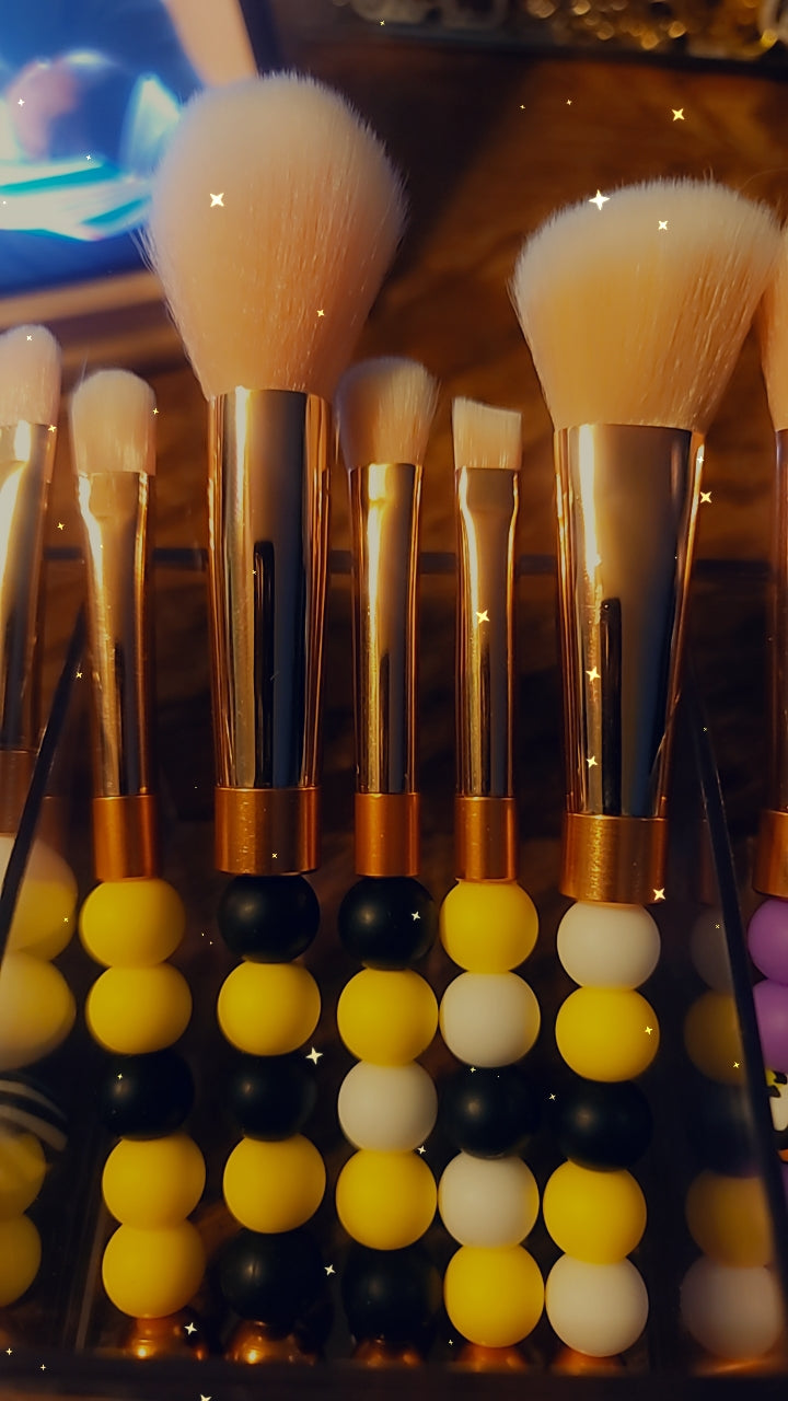 Yellow, Black and White Beaded Makeup Brushes