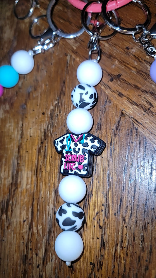 White/Cow Print With Cow Scrub Keychain