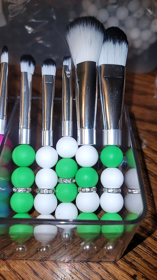 Green and White With Silver Beaded Makeup Brush Set
